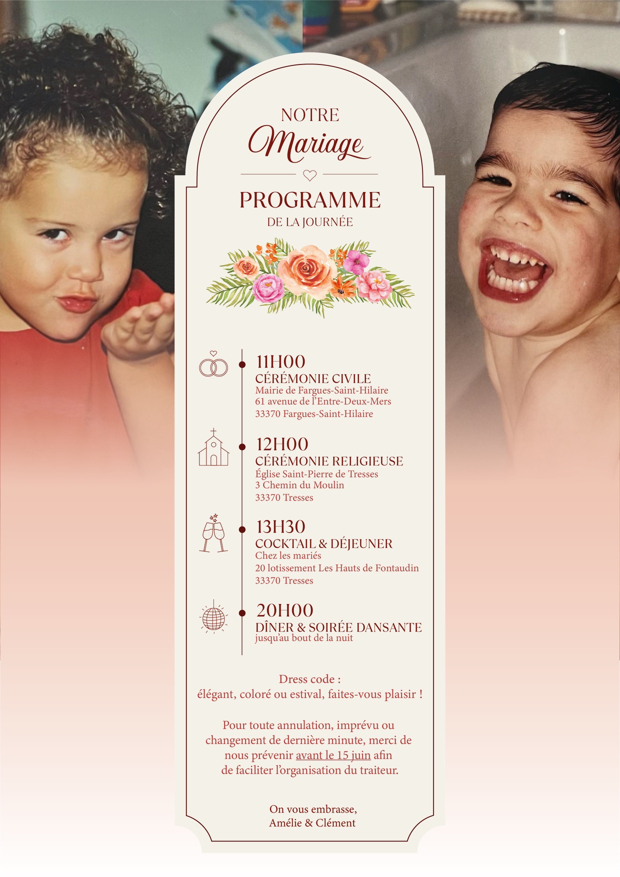 Programme : cérémonie civile à 11 h à la mairie de Fargues-Saint-Hilaire, cérémonie religieuse à 12 h à l’église Saint-Pierre de Tresses, cocktail et déjeuner à 13 h 30, dîner et soirée dansante à 20 h.